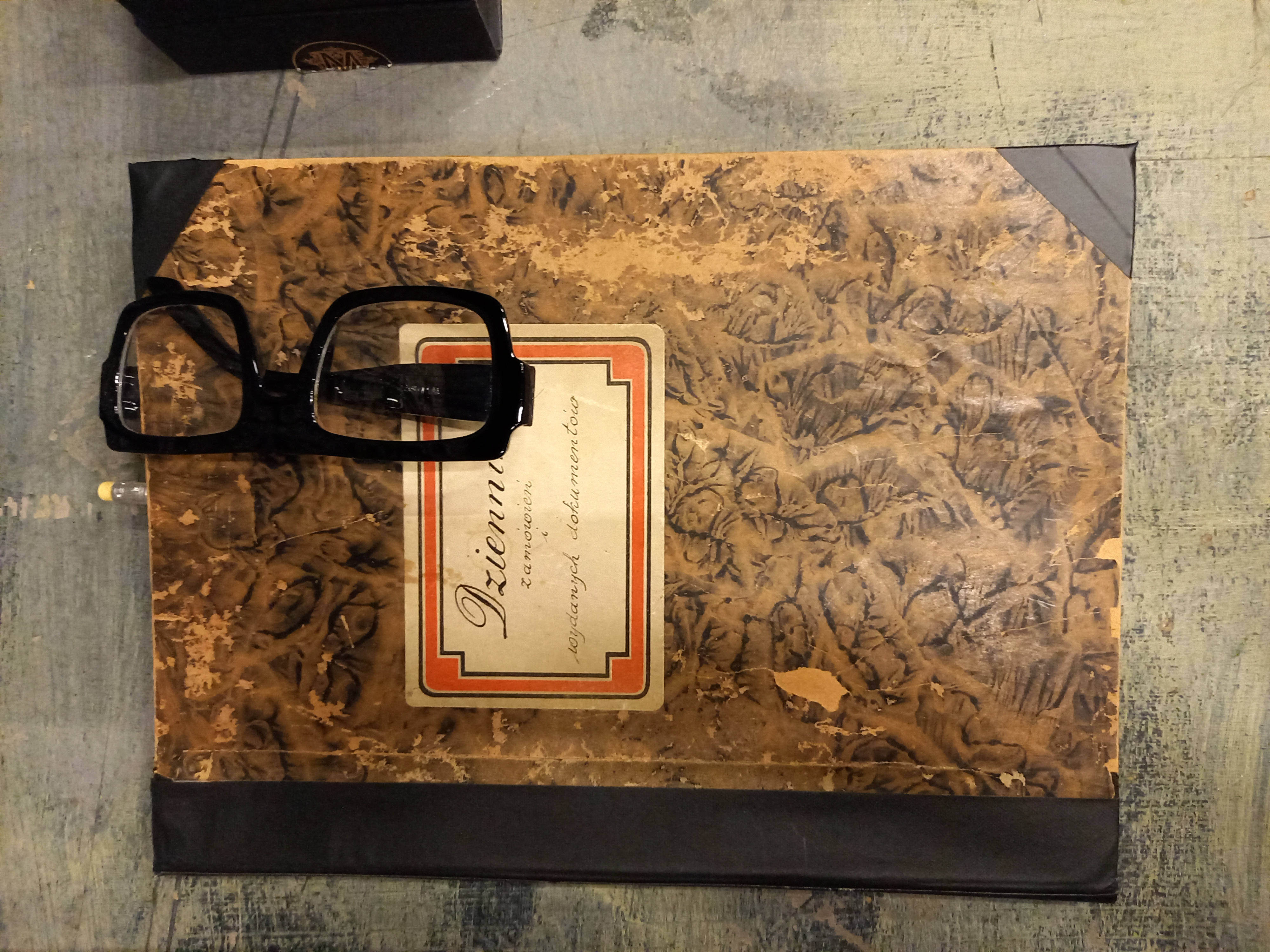 Jeden z rekwizytów: notes Doktora Strawińskiego, w brązowo-beżowej marmurkowej oprawie z nalepką o treści Dziennik zamówień i wydanych dokumentów. Na nim leżą okulary w grubej czarnej oprawie.